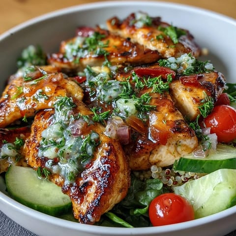 Grilled chicken and veggie bowl with lemon vinaigrette, fresh greens, and colorful vegetables in a healthy, vibrant meal.  