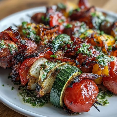 Colorful grilled vegetable skewers with chimichurri, featuring zucchini, peppers, and mushrooms charred to perfection.