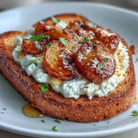 Golden honey peach burrata toast with ripe peaches, creamy cheese, and fresh basil—a vibrant spring brunch favorite.