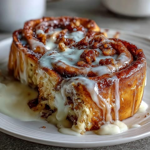 Fluffy cinnamon roll pancake casserole with cream cheese glaze, baked golden and ready for a cozy brunch.