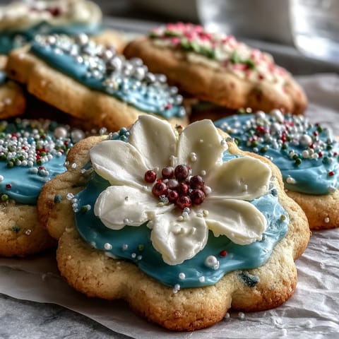 Delicate flower-shaped shortbread cookies with colorful royal icing, perfect for spring celebrations.