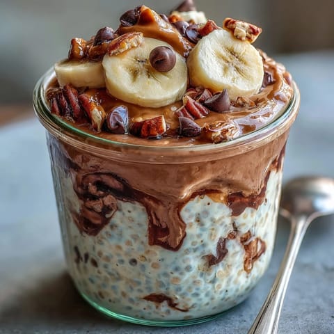 Chunky Monkey Overnight Chia Pudding layered with banana slices and rich peanut butter in a glass jar.