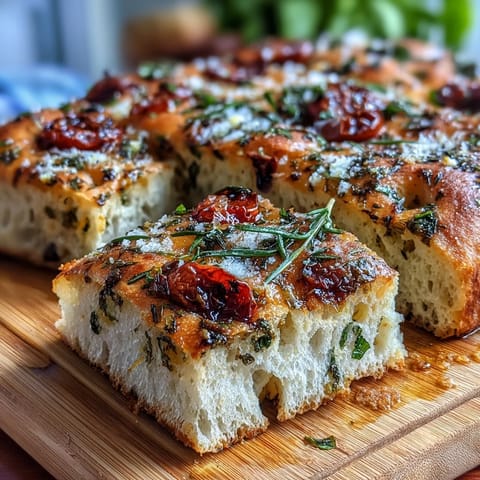 Spring herb focaccia with vibrant rosemary, thyme, chives, and basil, baked to a crisp golden crust.