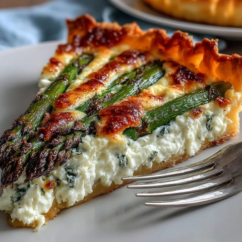 Golden-baked tart topped with smooth ricotta, zesty lemon, and tender asparagus, ideal for brunch or an elegant appetizer.