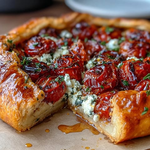 Rustic roasted cherry tomato and feta galette, golden brown and bursting with flavor.
