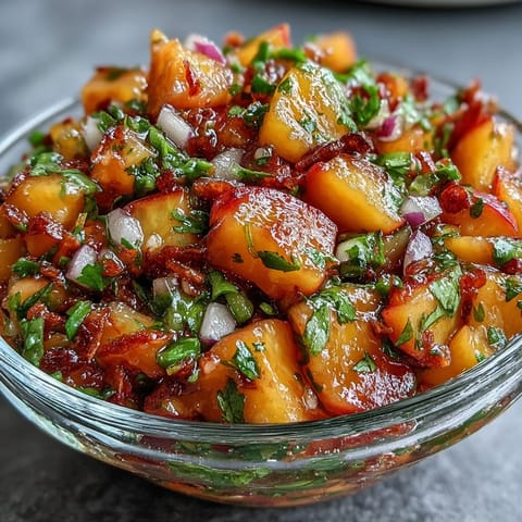 Juicy Fricy Peach Jalapeño Salsa, a colorful side, brightens any summer meal.