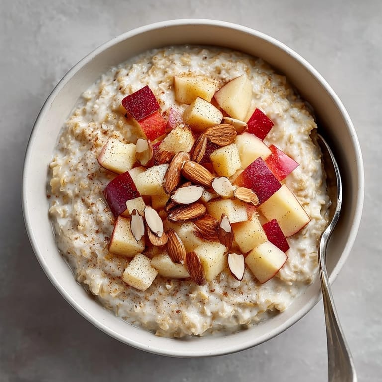Steaming Warm Apple Cinnamon Oatmeal with Almonds; enjoy this sweet and nutty bowl.