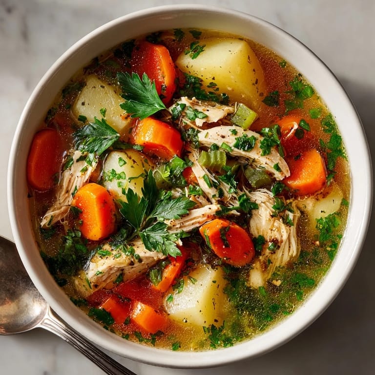 Bowl filled with comforting Hearty Chicken & Vegetable Soup, garnished with fresh herbs.