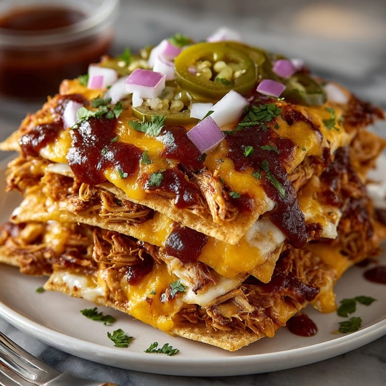 Easy sheet pan BBQ chicken nachos bake—a crowd-pleasing appetizer, cheesy and smoky.
