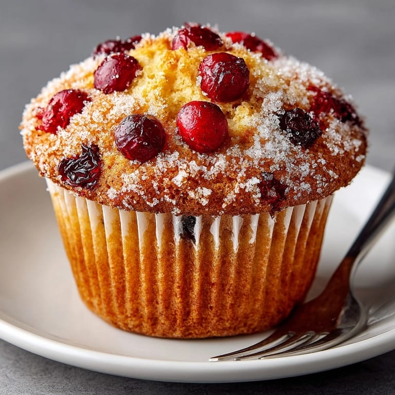 Warm, moist Cranberry Orange Muffins, topped with sparkling sugar, ready for a brunch buffet.