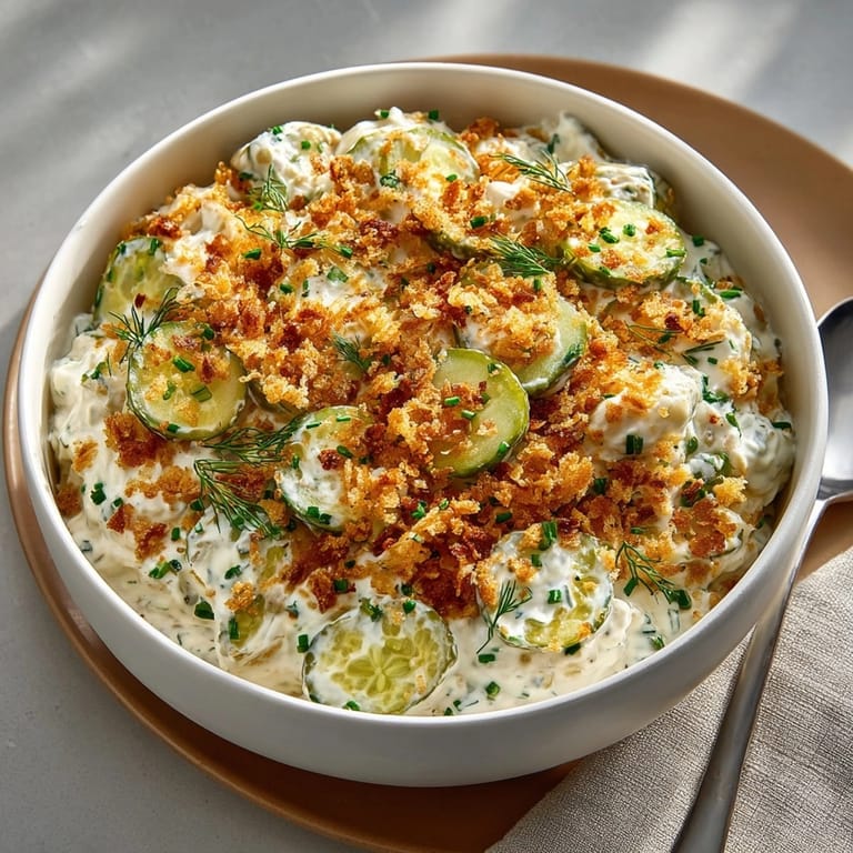 Homemade Fried Pickle Dip: golden panko topping on creamy base, perfect party appetizer.