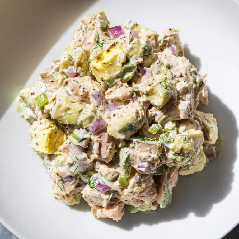 Delicious Avocado Ranch Tuna Egg Salad: See the fresh dill, avocado, and tuna mix!