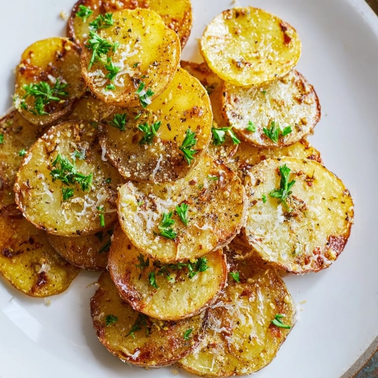 Close-up of savory Garlic Rosemary Potato Rounds; edges browned, ready to enjoy.
