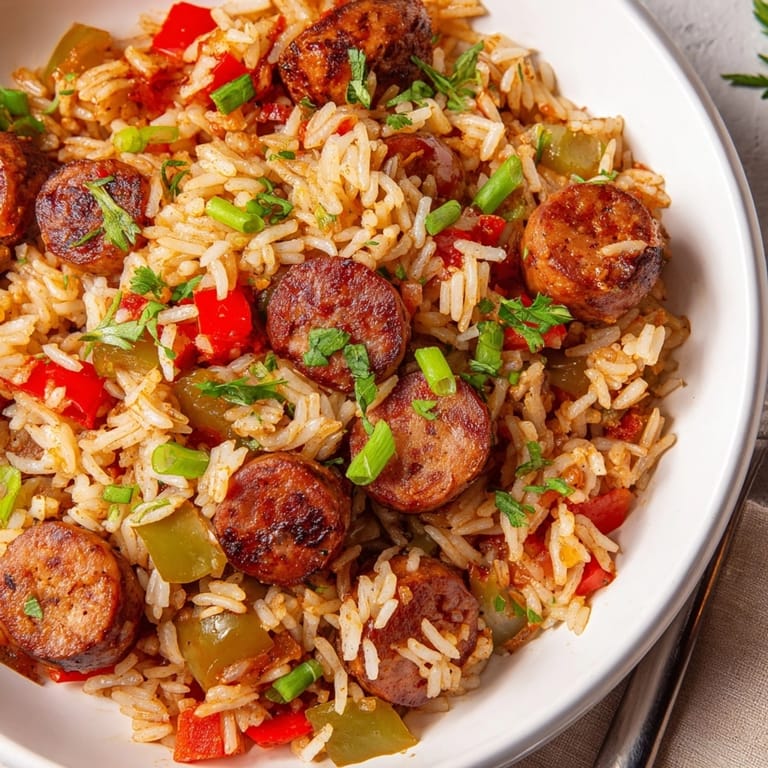 Spicy, colorful Cajun Sausage and Rice Skillet cooking in a skillet, aromatic and delicious.