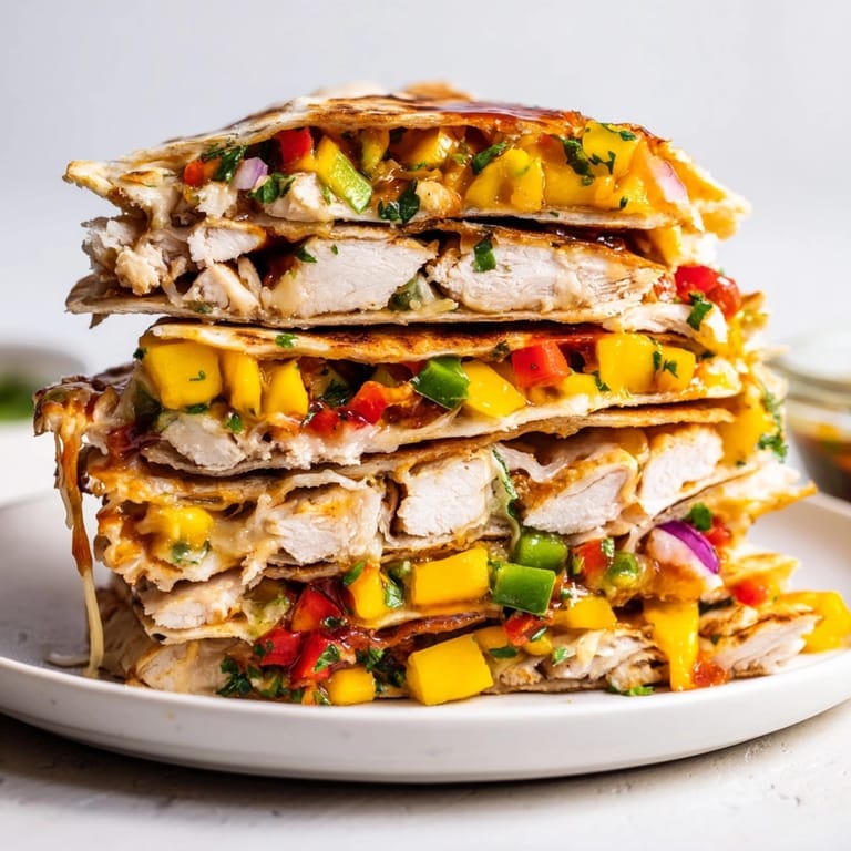 Layered Mango BBQ chicken tortilla stacks recipe; a flavorful, simple family dinner.