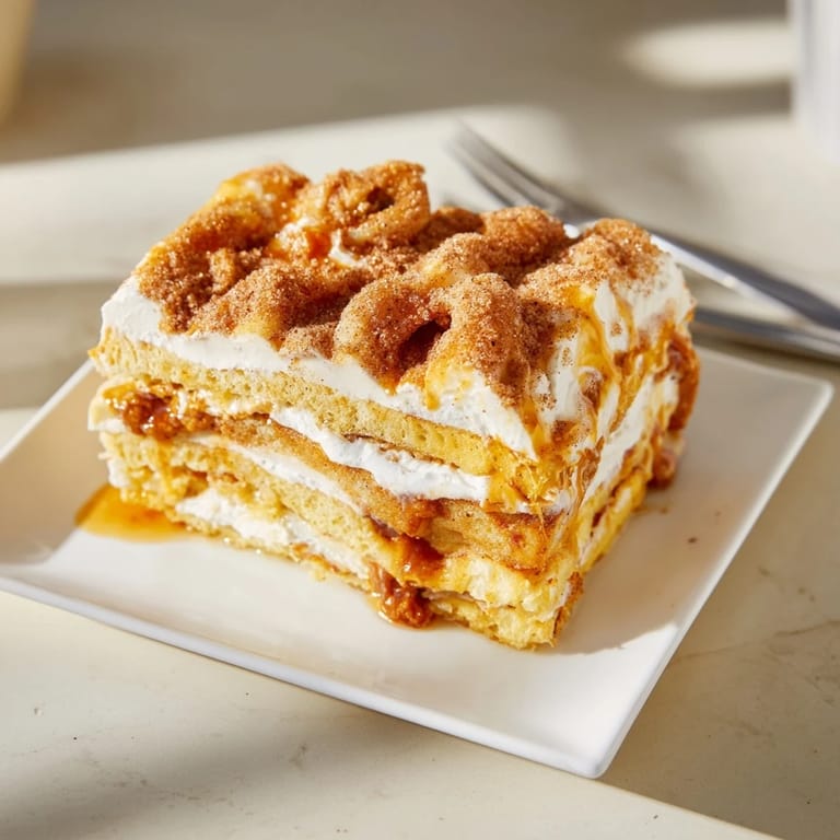 Deliciously baked Buffalo Ranch Churro Cake Pancake Bars drizzled with creamy ranch sauce.