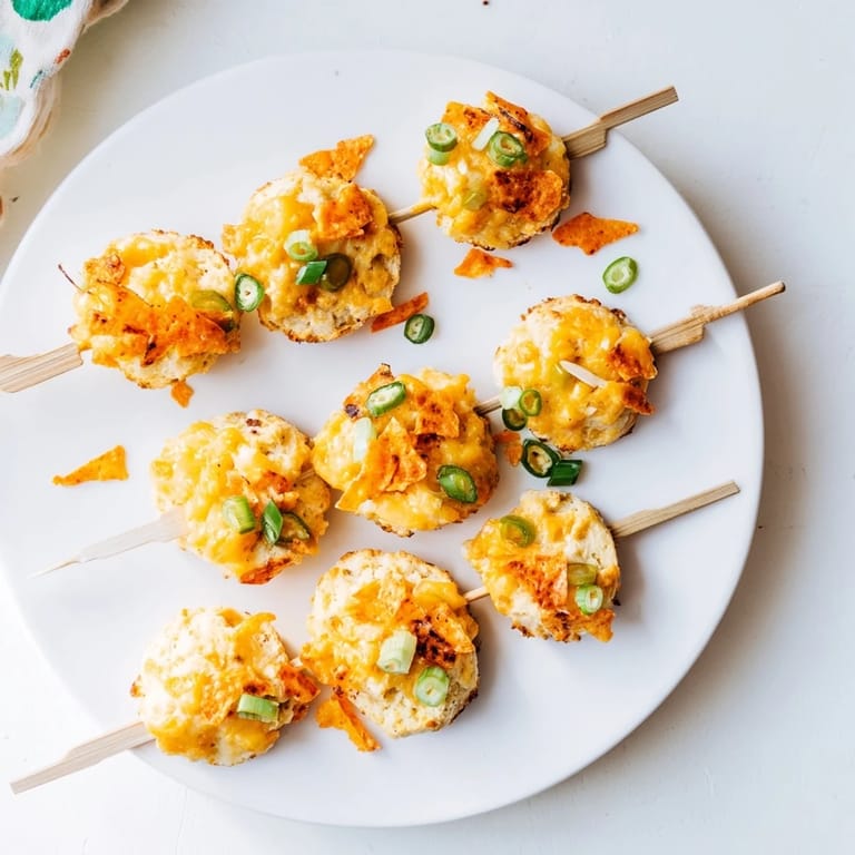 Flavorful Flamin Hot spicy cheddar biscuit skewers with a fiery kick and creamy cheese.
