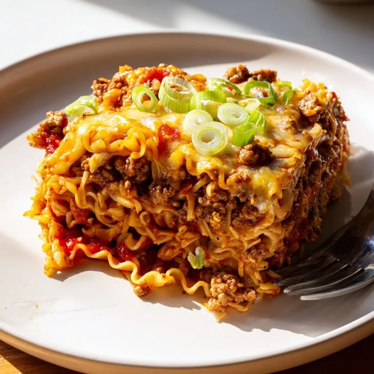 Comforting bowl of Spicy Ramen Lasagna features creamy cheese and bold flavors.  