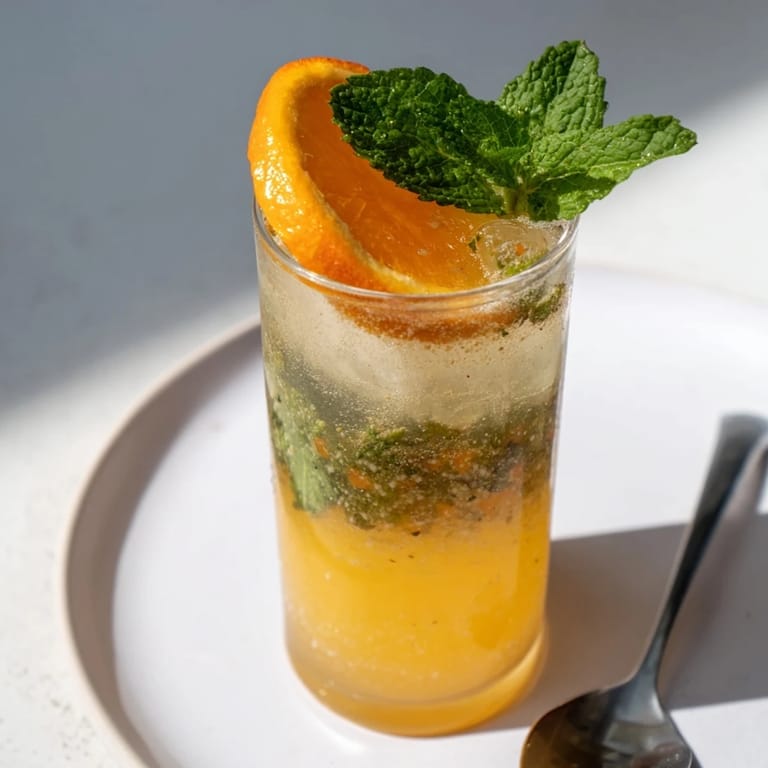 Homemade probiotic soda mocktail, showcasing orange slices and mint leaves for garnish.