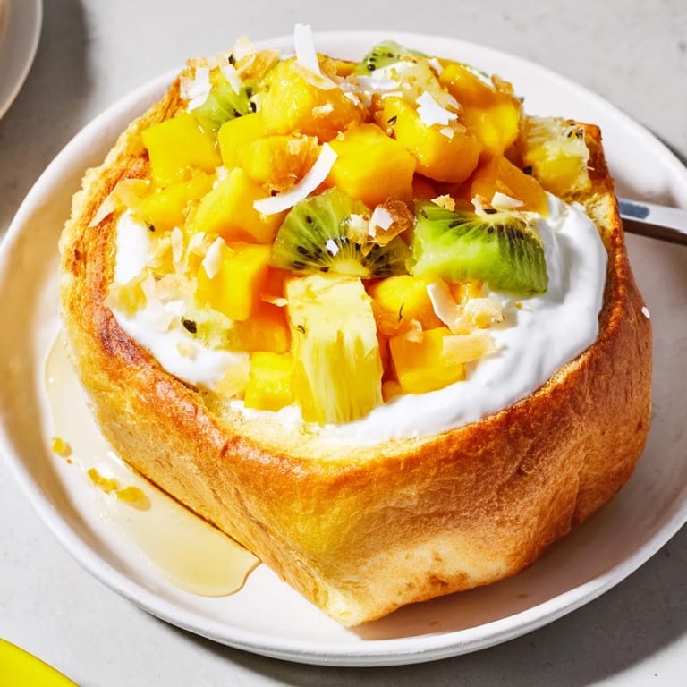 Golden-baked yogurt-custard toast with diced mango, kiwi, and a coconut sprinkle.  