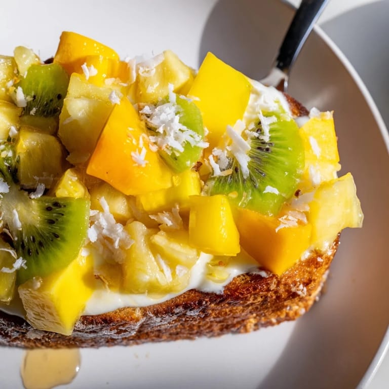 Vibrant coconut yogurt-custard toast showcasing colorful tropical toppings, perfect for brunch.