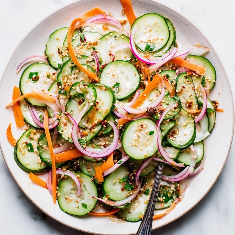 Light and refreshing Cucumber Salad Remix topped with toasted sesame seeds for extra crunch.