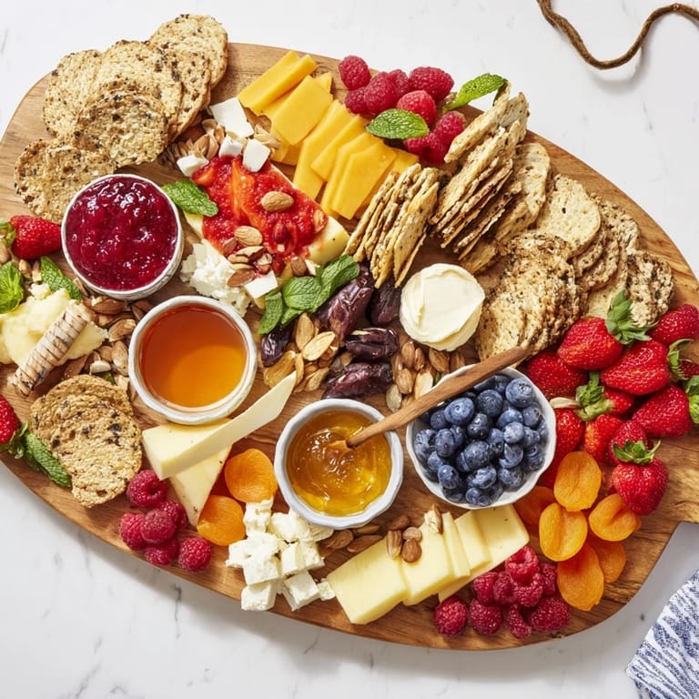 Sliced baguette and whipped butter complement delightful jams on this brunch board.  