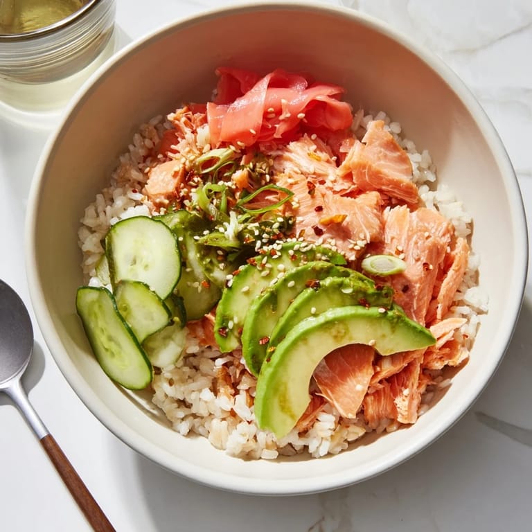 A delicious Leftover Salmon & Rice Bowl featuring steamed ingredients and savory toppings.  