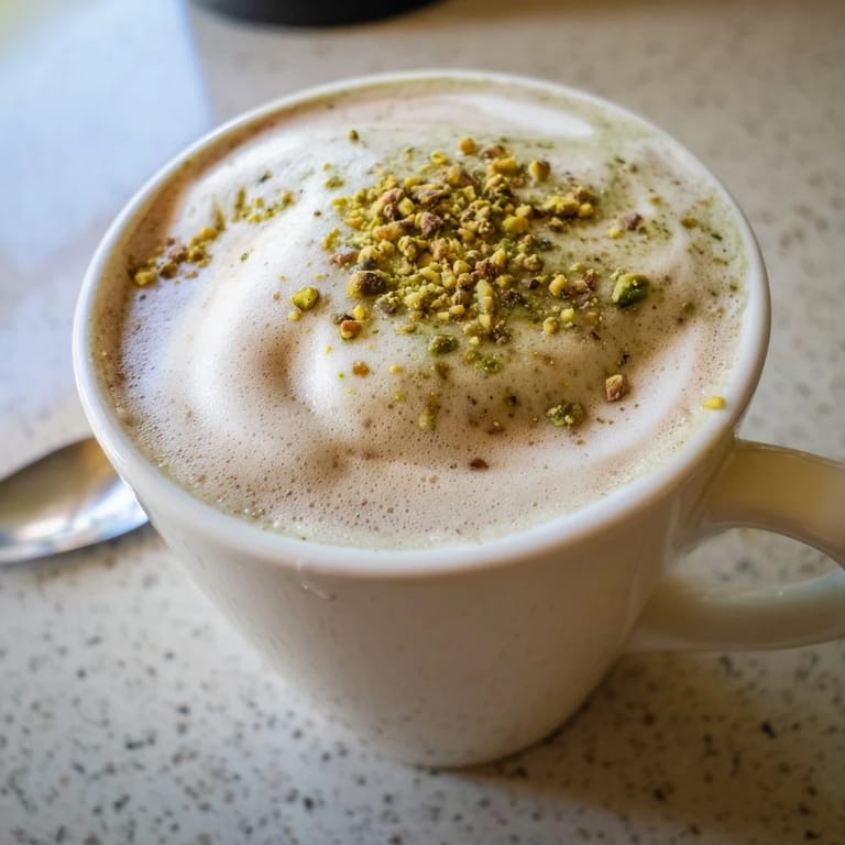 Homemade pistachio milk latte, a nutty coffee alternative garnished with crushed pistachios.