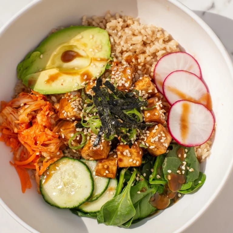 Hearty fermented vegetable bowl with kimchi, served with a zesty sesame dressing.