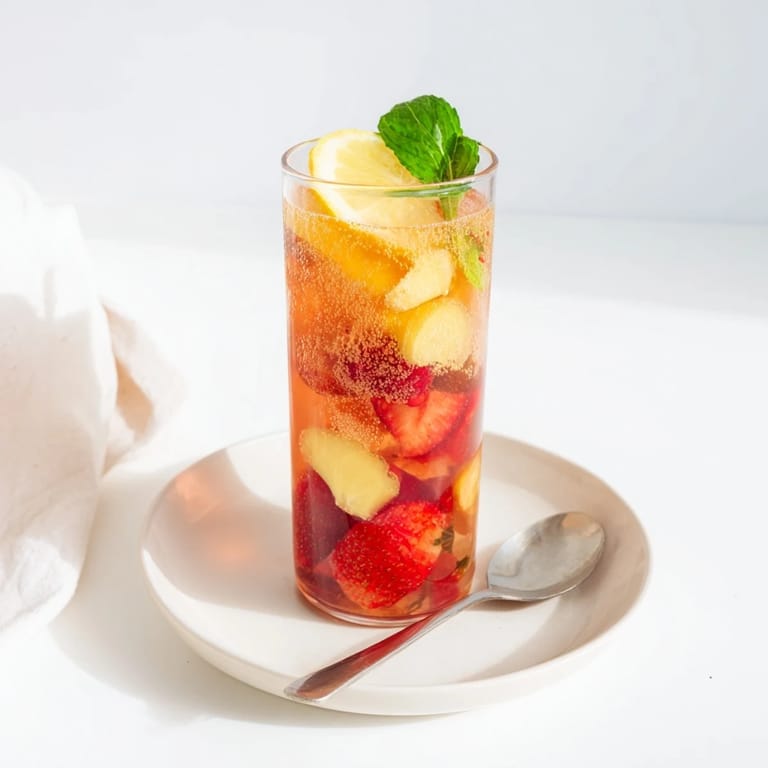 Enjoy this fizzy, flavorful kombucha-style mocktail served over ice with mint.  