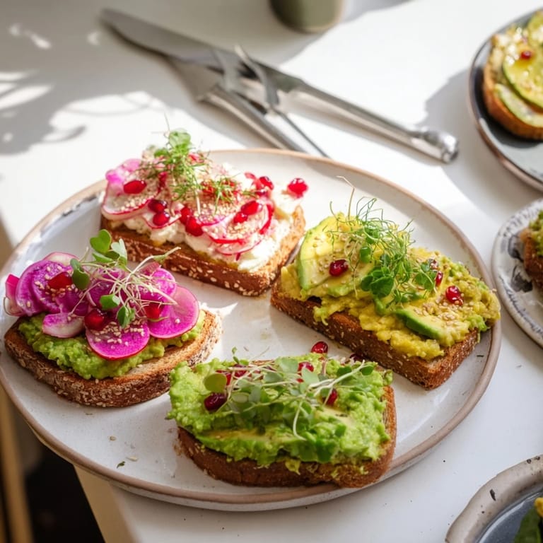 Delicious Bright & Bold Breakfast Toasts with textures of ube, avocado, and pomegranate seeds.
