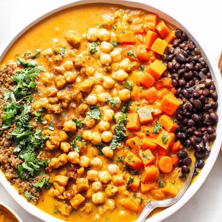 Hearty Caribbean Sweet Potato Curry, topped with parsley, ready to serve over rice.