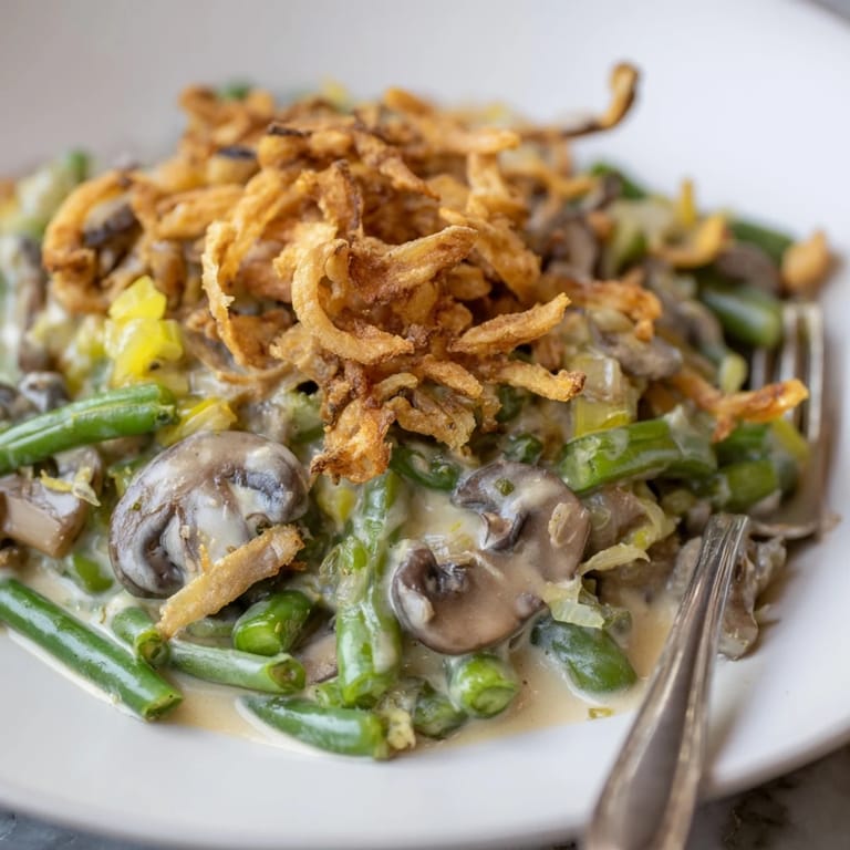 Delicious old-school green bean casserole with tender beans and savory creamy sauce.