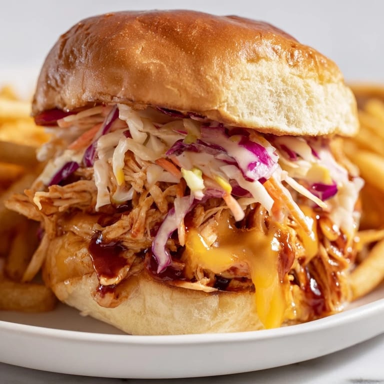 Savory shredded BBQ chicken sliders topped with crunchy coleslaw and golden fries.