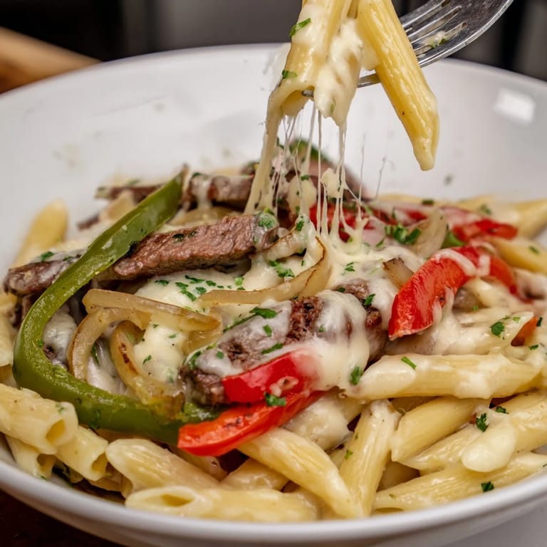 Delicious Philly cheese steak pasta served warm, topped with fresh parsley garnish.  