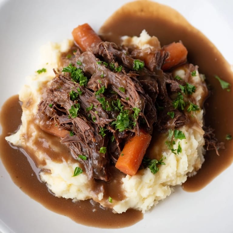 A steaming bowl of comforting Slow Cooker Pot Roast, with fall-apart beef and fluffy potatoes, ready to enjoy.