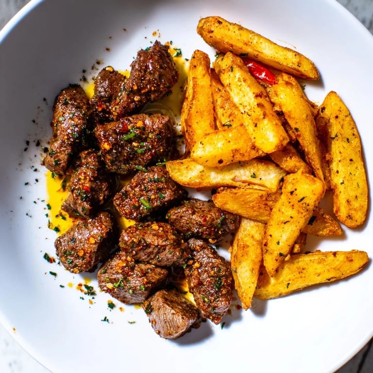 Sizzling blackened Cajun steak bites with crispy fries, ready to be enjoyed as a hearty meal.