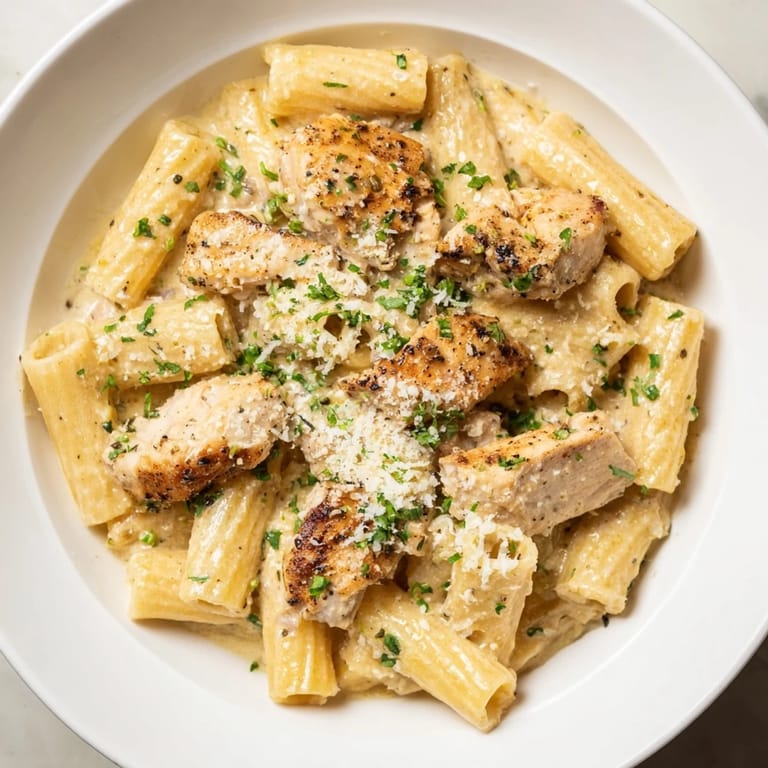 A close-up view of creamy garlic Parmesan chicken rigatoni, rich sauce embracing perfectly cooked pasta.