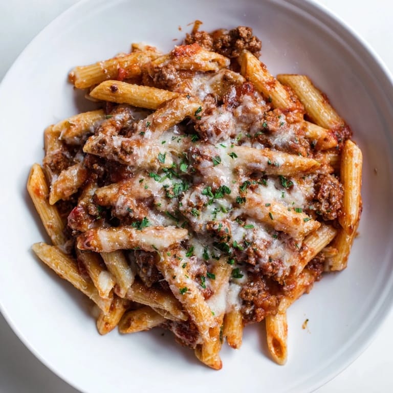 A family-sized serving of Cheesy Beef & Penne Bake, with rich tomato sauce and perfectly browned cheese.