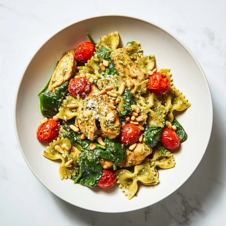 Golden chicken pieces mingled with pesto and bowtie pasta create a simple, tasty weeknight meal.