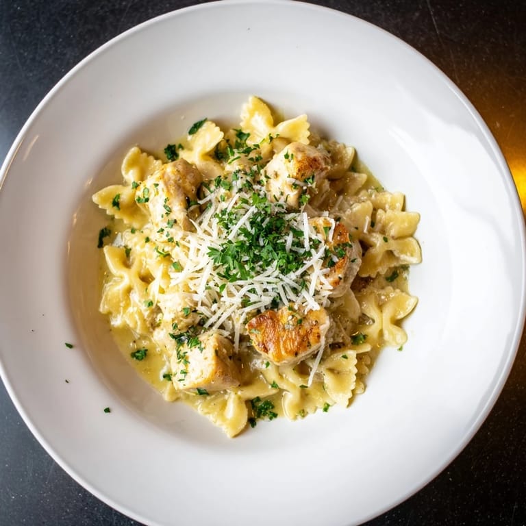 A comforting close-up: Mozzarella Garlic Butter Chicken Bowties with a bubbling mozzarella cheese topping.