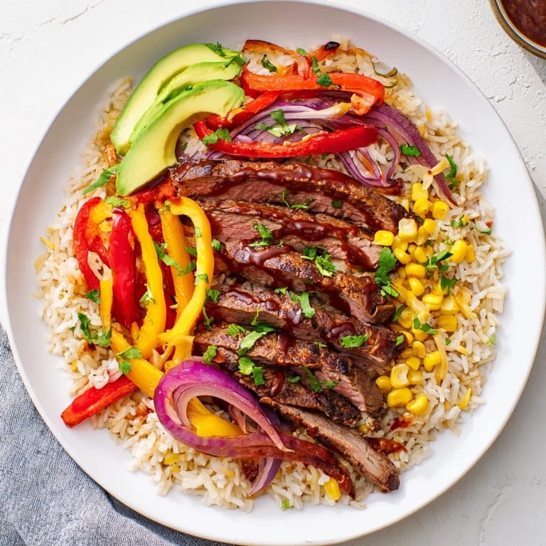 Delicious grilled BBQ Steak Fajita Bowl featuring juicy steak strips and vibrant bell peppers, perfect for dinner.