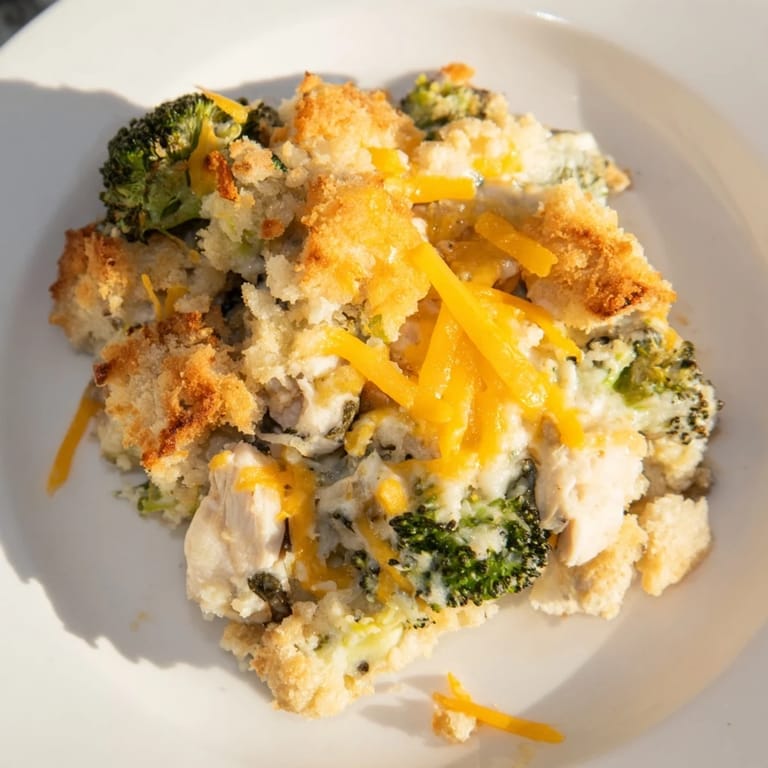 A close-up of a cheesy Cheddar Broccoli Chicken Bake, showing tender chicken and crisp broccoli.