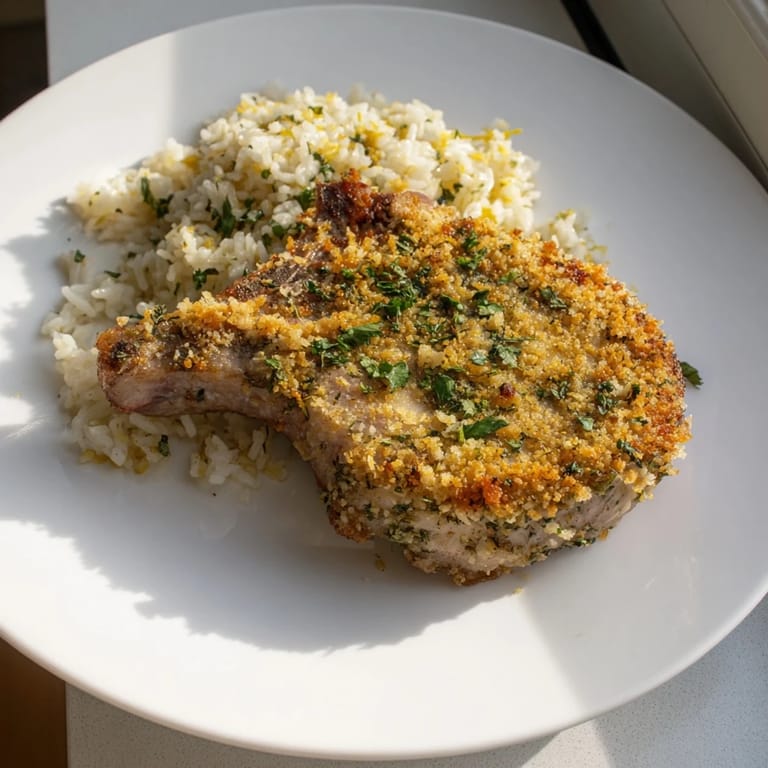 Savory Parmesan Herb Pork Chops, surrounded by fluffy rice, a complete and flavorful American dinner.