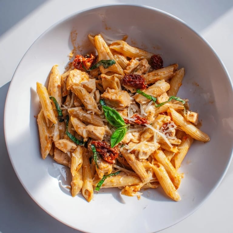 A bowl of delicious Creamy Tomato Basil Chicken Pasta, a comforting Italian-American feast.
