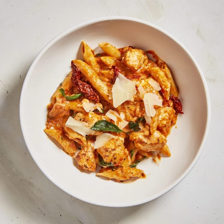 Close-up of Creamy Tomato Basil Chicken Pasta, showing tender chicken and fresh basil, inviting your appetite.