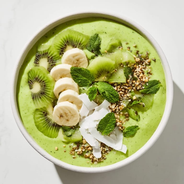 Delicious and refreshing green smoothie bowl with kale and kiwi, perfectly textured with creamy avocado.