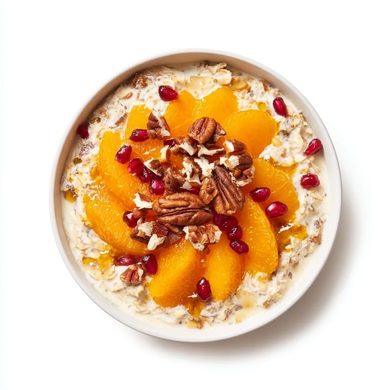 Freshly prepared overnight oats with persimmon, vibrant pomegranate seeds, and chia, perfect for a grab-and-go meal.