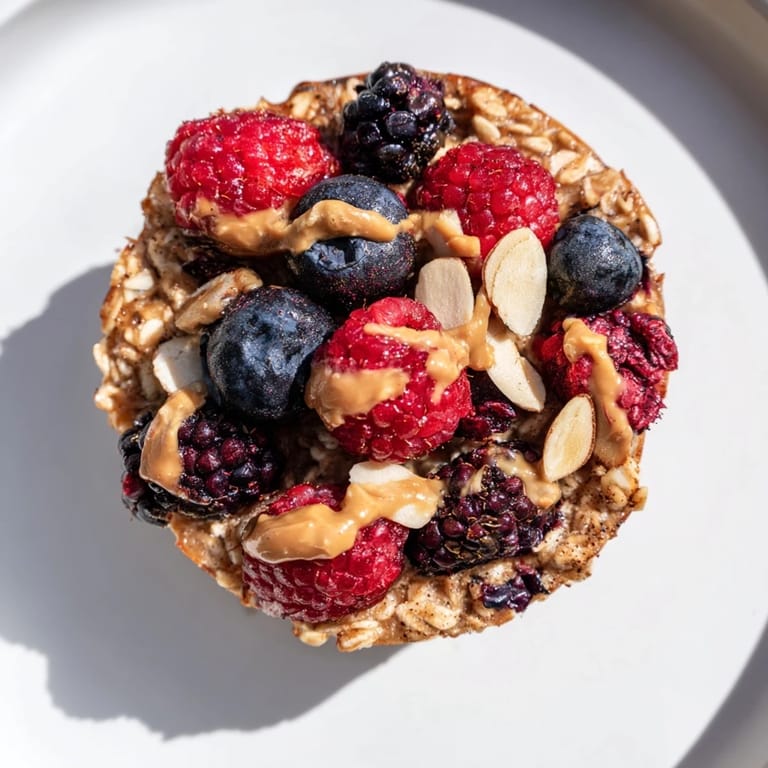 Warm baked oatmeal cups filled with colorful winter berries and drizzled with creamy almond butter.